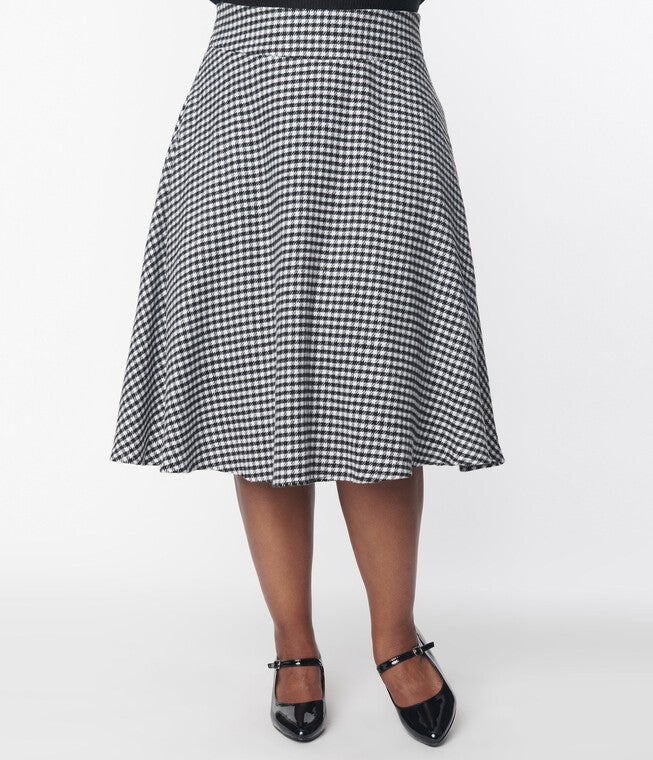 Unique Vintage Black & White Houndstooth High Waist Vivien Swing Skirt, Black White Houndstooth / Black, alternate image number null