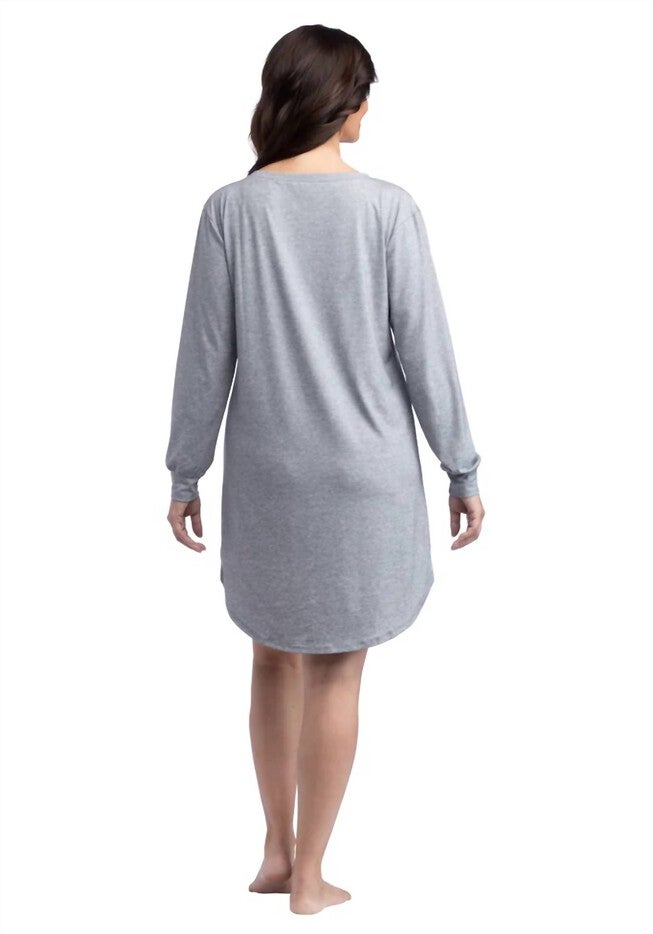 HANNAH - 36 inches LS HENLEY SLEEP SHIRT IN HEATHER GREY, Heather Grey / Cool Gray, alternate image number null
