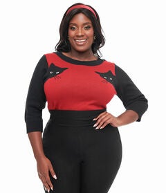 1950s Burgundy & Black Panther Sleeve Minou Sweater