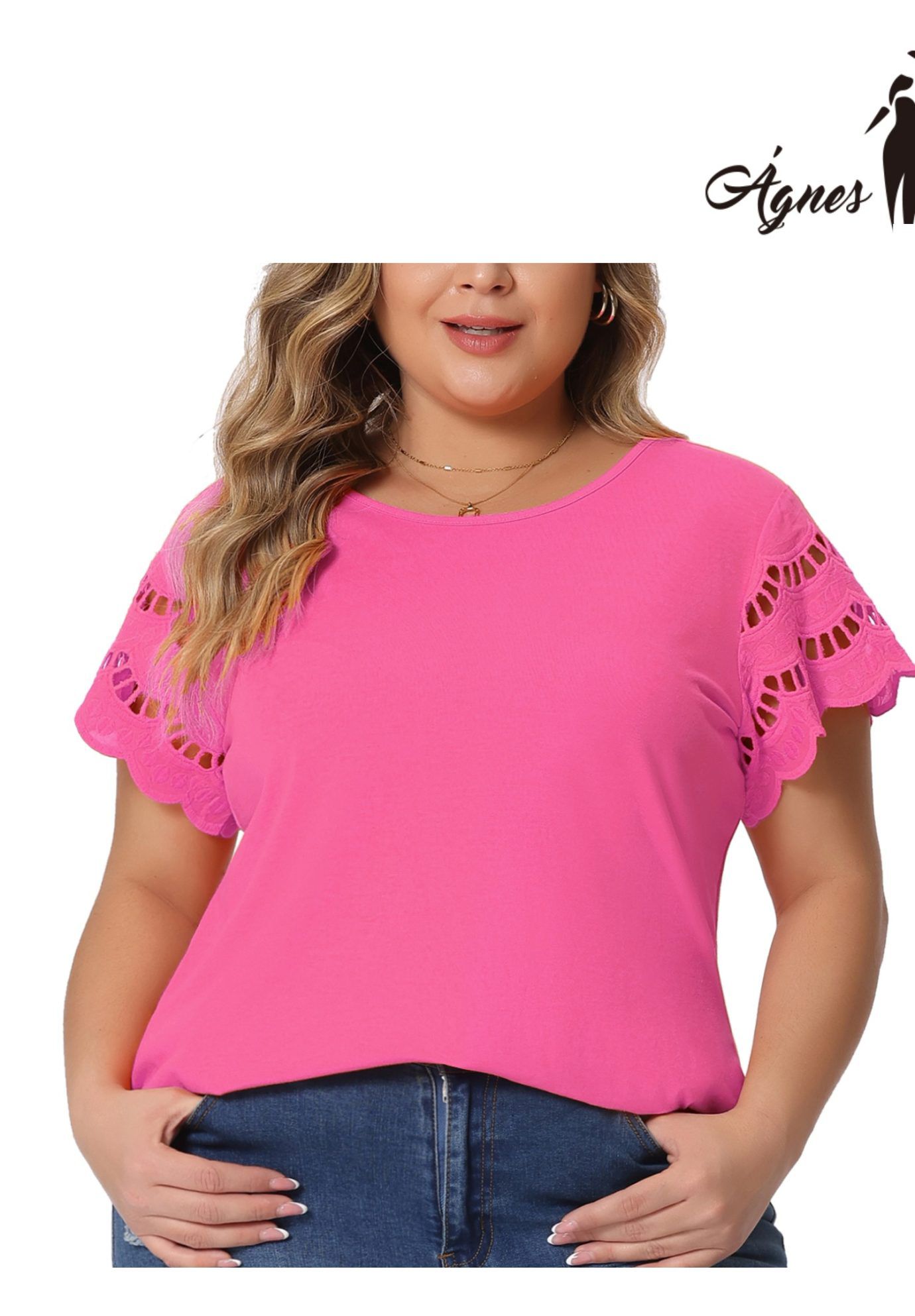Lace Panel Hollow Short Sleeve Summer Blouse, Hot Pink / Magenta, alternate image number 4