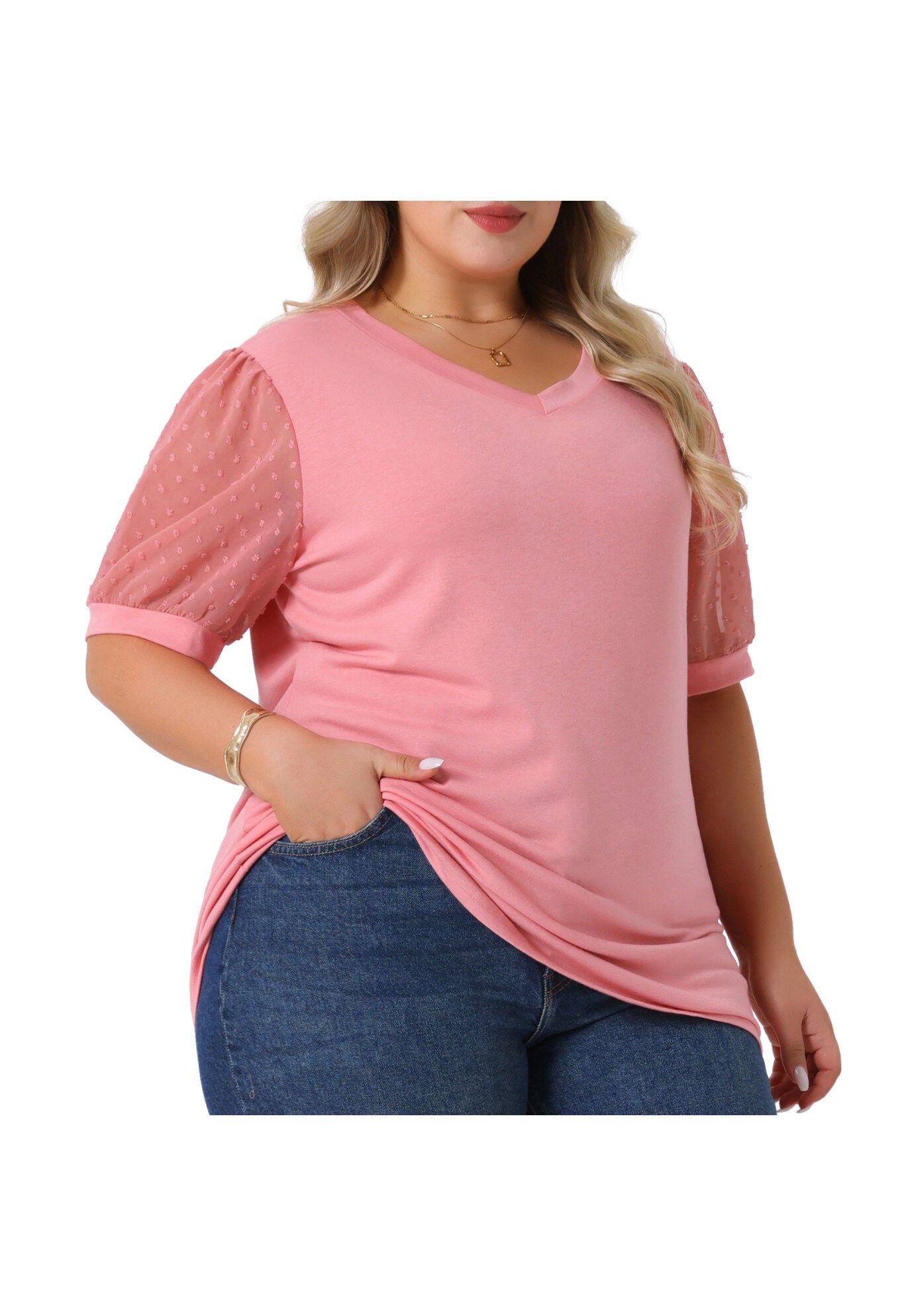 V Neck Swiss Dots Puff Sleeve Loose Top, Pink / Pink, alternate image number 1