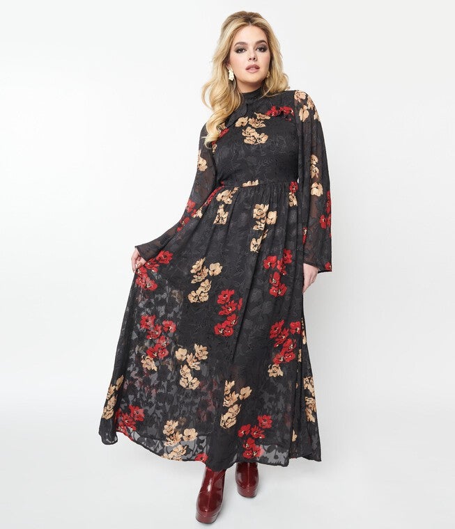Unique Vintage Black Red & Gold Floral Bell Sleeve Maxi Dress, BlackFloral / Black, hi-res image number 0