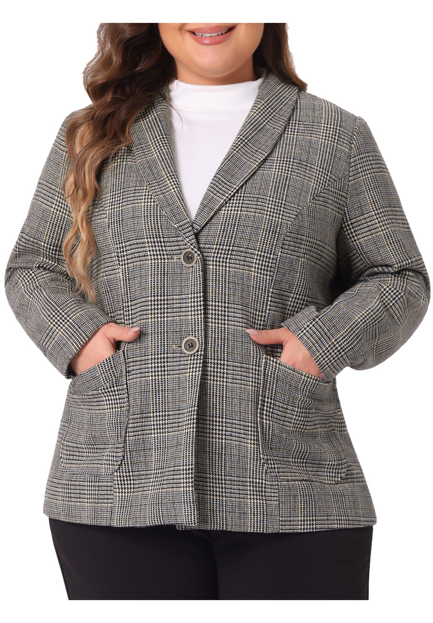 PLAID LAPEL SINGLE BREASTED BLAZER, Black Brown / Brown, alternate image number 2