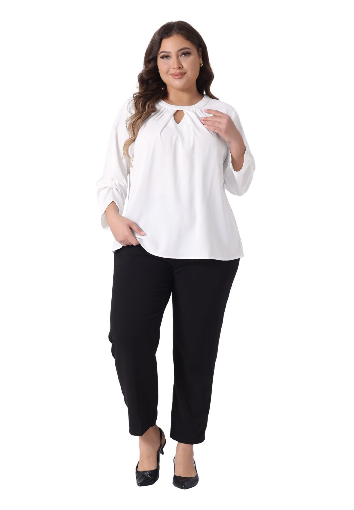 Crewneck Keyhole 3/4 Sleeve Pleated Blouse Shirt, White / White, hi-res image number 0