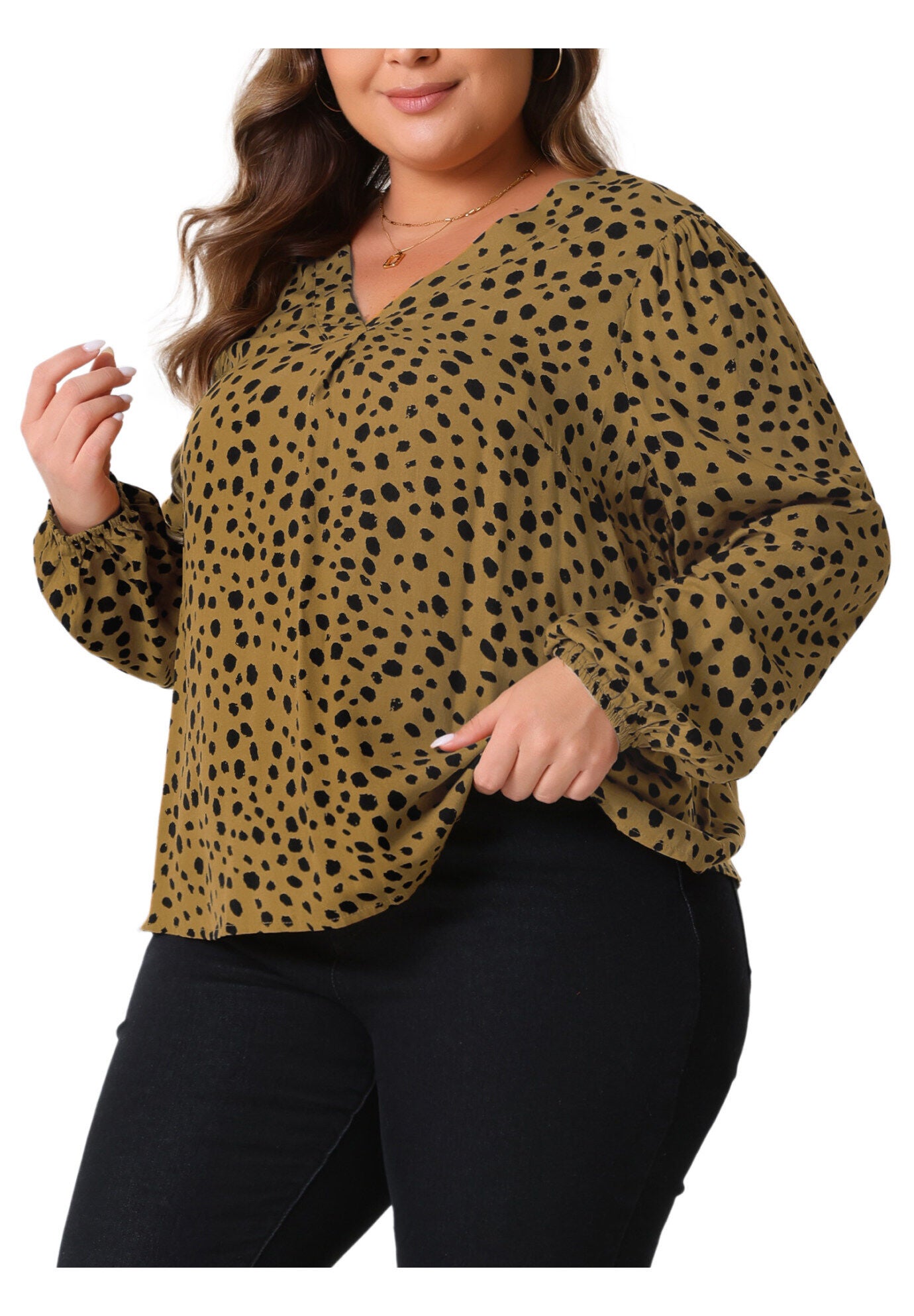 Polka Dot V Neck Long Sleeve Blouse Shirt, Brown / Brown, alternate image number 1