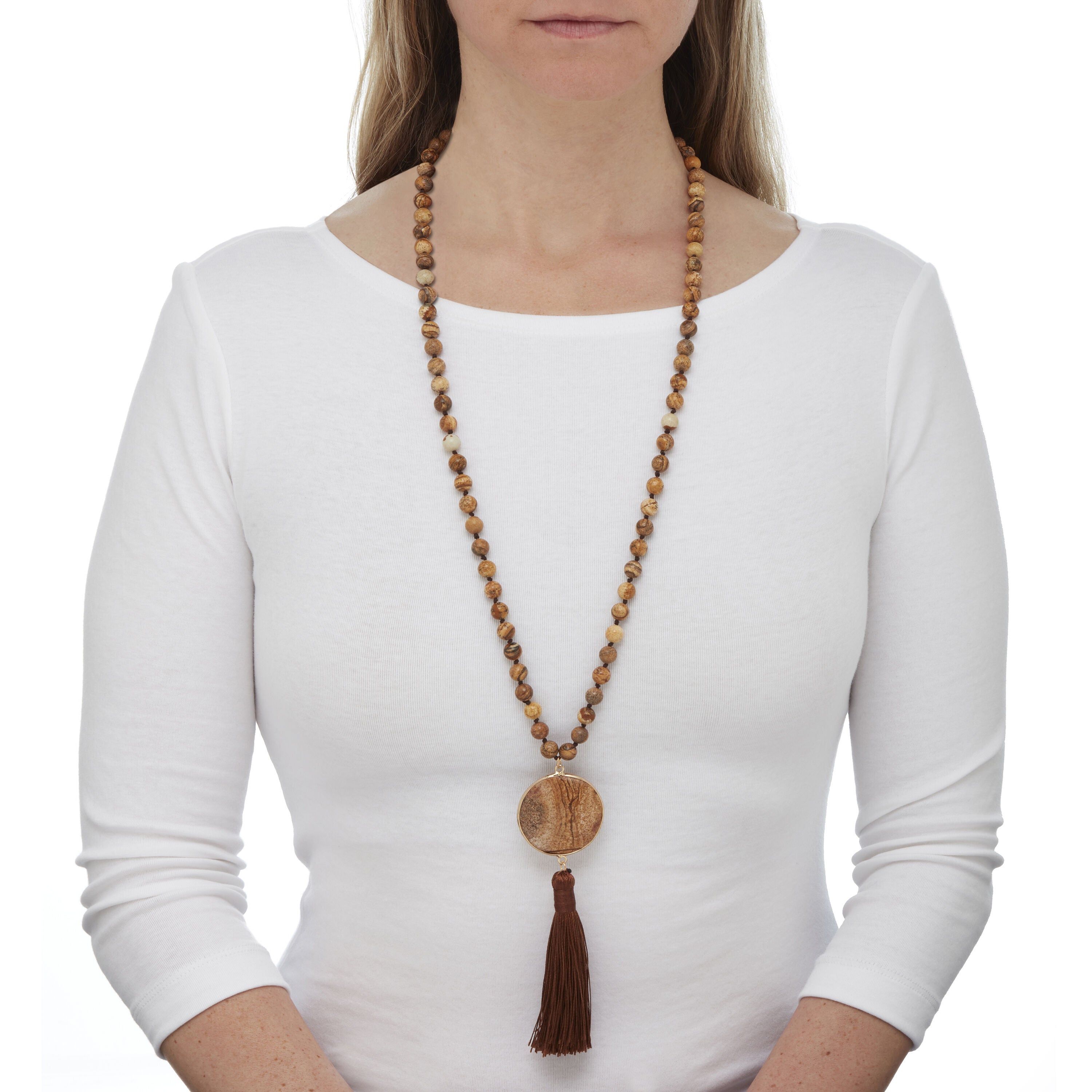 Round Genuine Brown Jasper Goldtone Bezel Set Cabochon Beaded Necklace 34 Inch, Brown / Brown, alternate image number 2