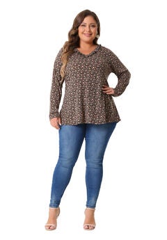 Floral V Neck Long Sleeve Ruffle Tunic Blouse Top