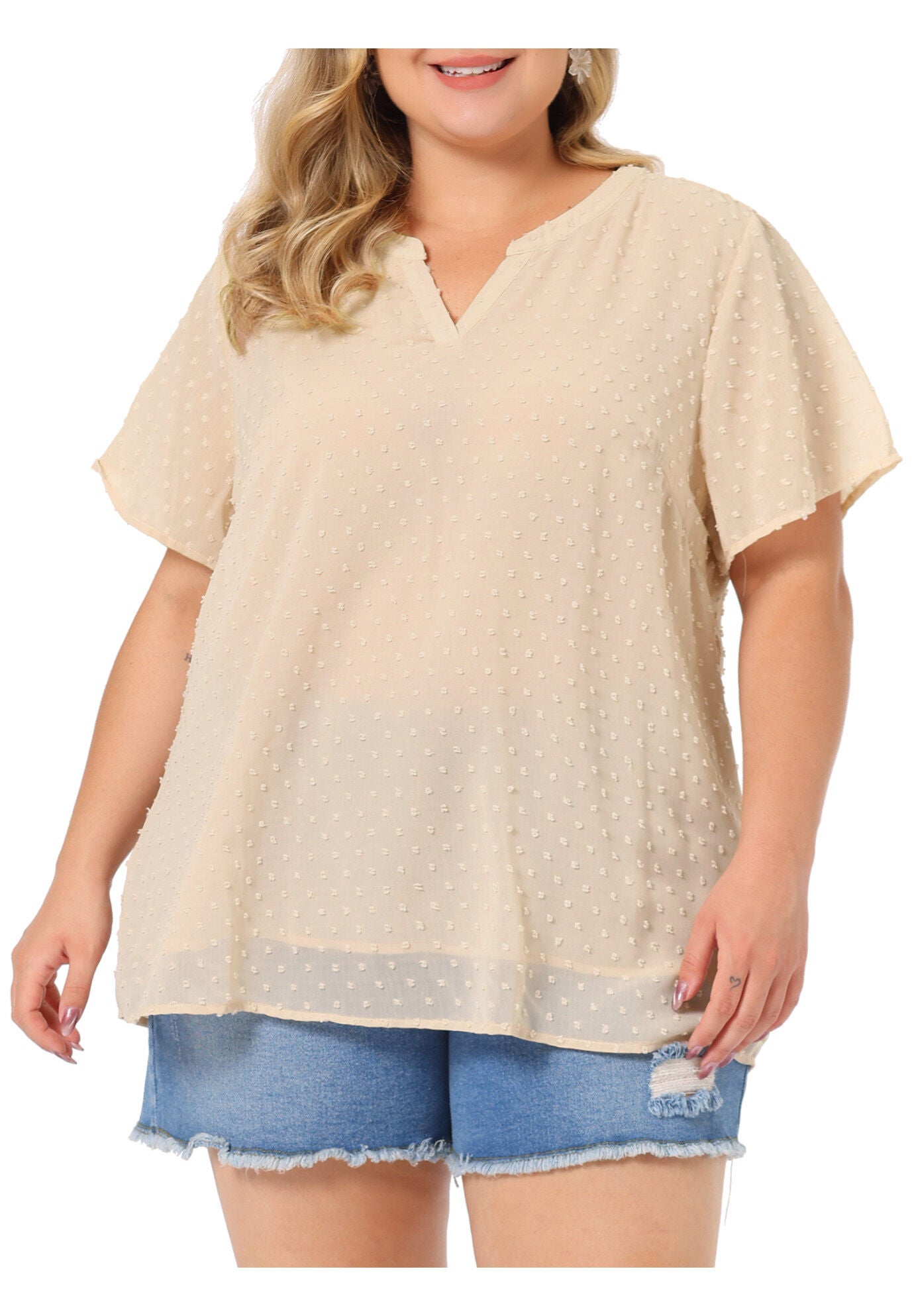 Swiss Dots Notched Neck Short Sleeve Basic Blouse, Beige / Beige, alternate image number 2