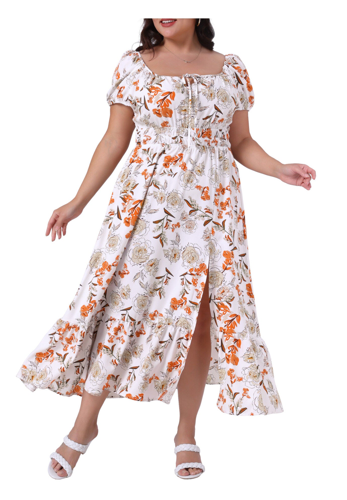 Square Neck Floral Short Sleeve Side Slit A Line Maxi Floral Dress, White / White, alternate image number 2