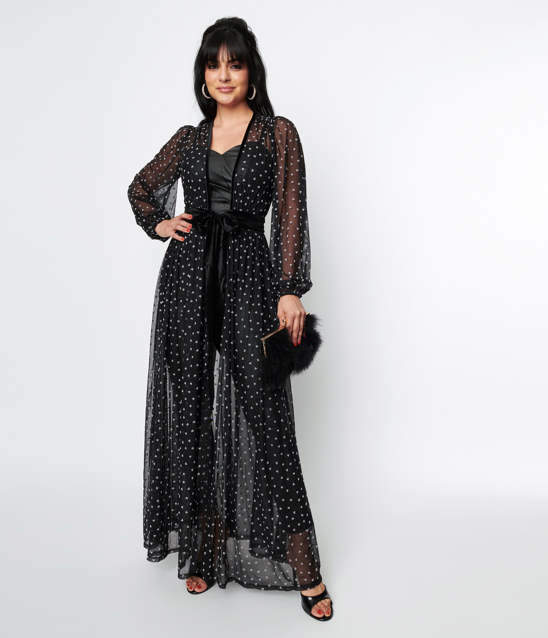 Unique Vintage Black & Pink Hearts Mesh Hollywood Duster, Black  Pink Hearts / Black, hi-res image number 0