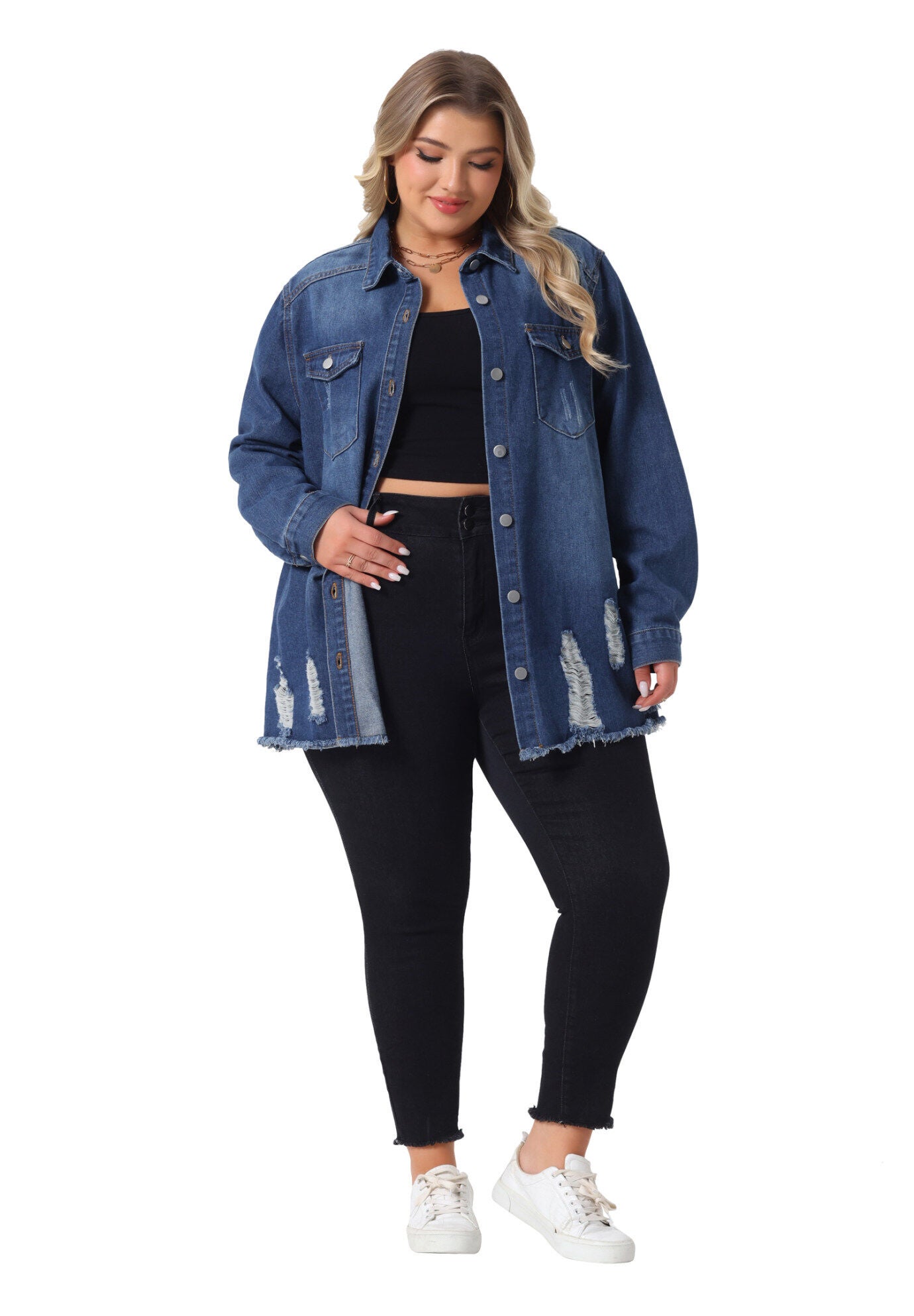 Long Sleeve Denim Jackets Boyfriend Shirt Jean Jacket, Dark Blue / Navy, hi-res image number 0