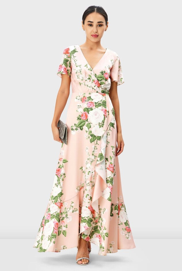 Floral Print Satin Faux-Wrap Dress, Peach / Pink, hi-res image number null