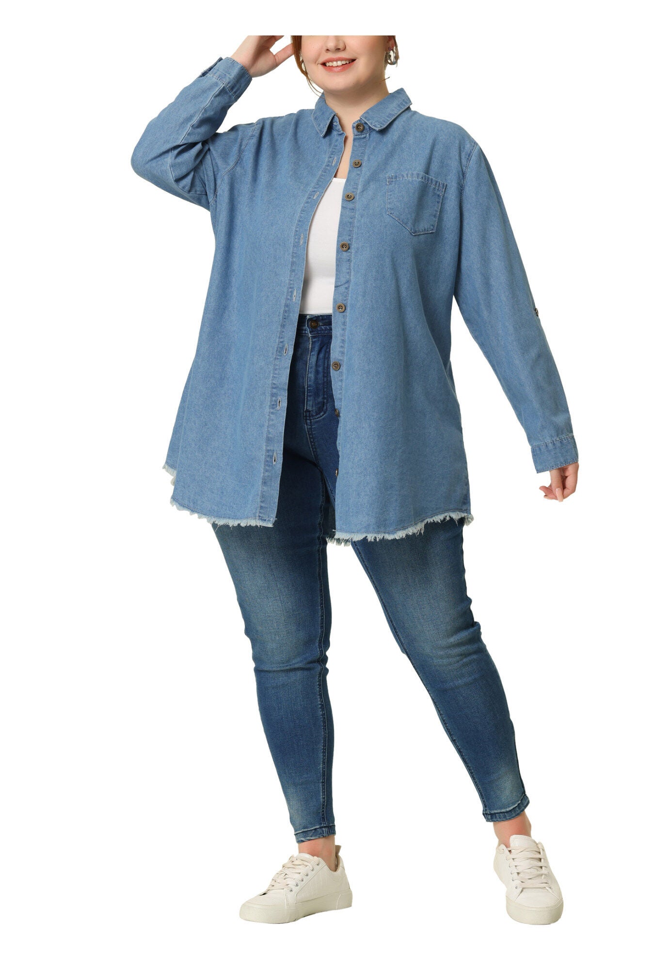 CHAMBRAY TOP BUTTON DOWN DENIM SHIRT, Light Blue / Light Blue, alternate image number 1