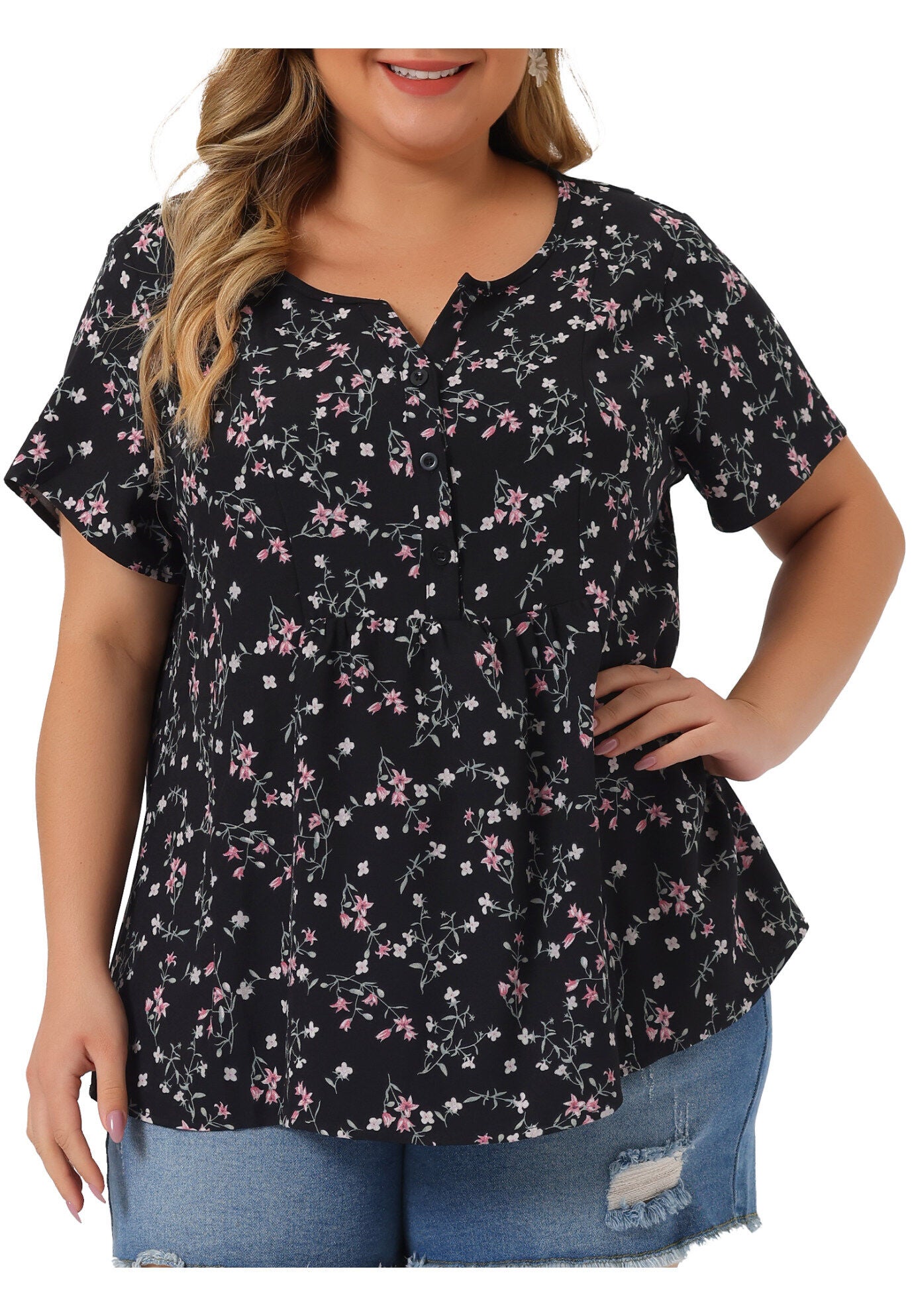 Summer Top Floral Half Placket Short Sleeve Casual Blouse, Black / Black, alternate image number 2