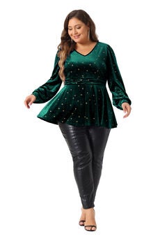 Velvet V Neck Long Sleeve Shiny Metallic Star Blouse Top