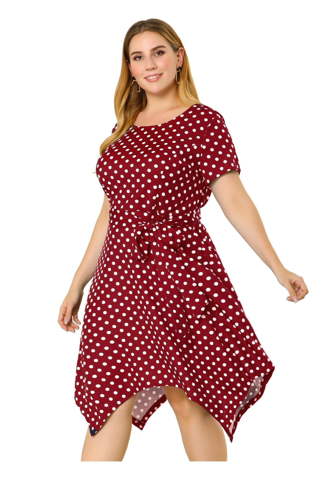 Printed Retro High Low Short Sleeves Dress, Wine Red / Red, alternate image number 3