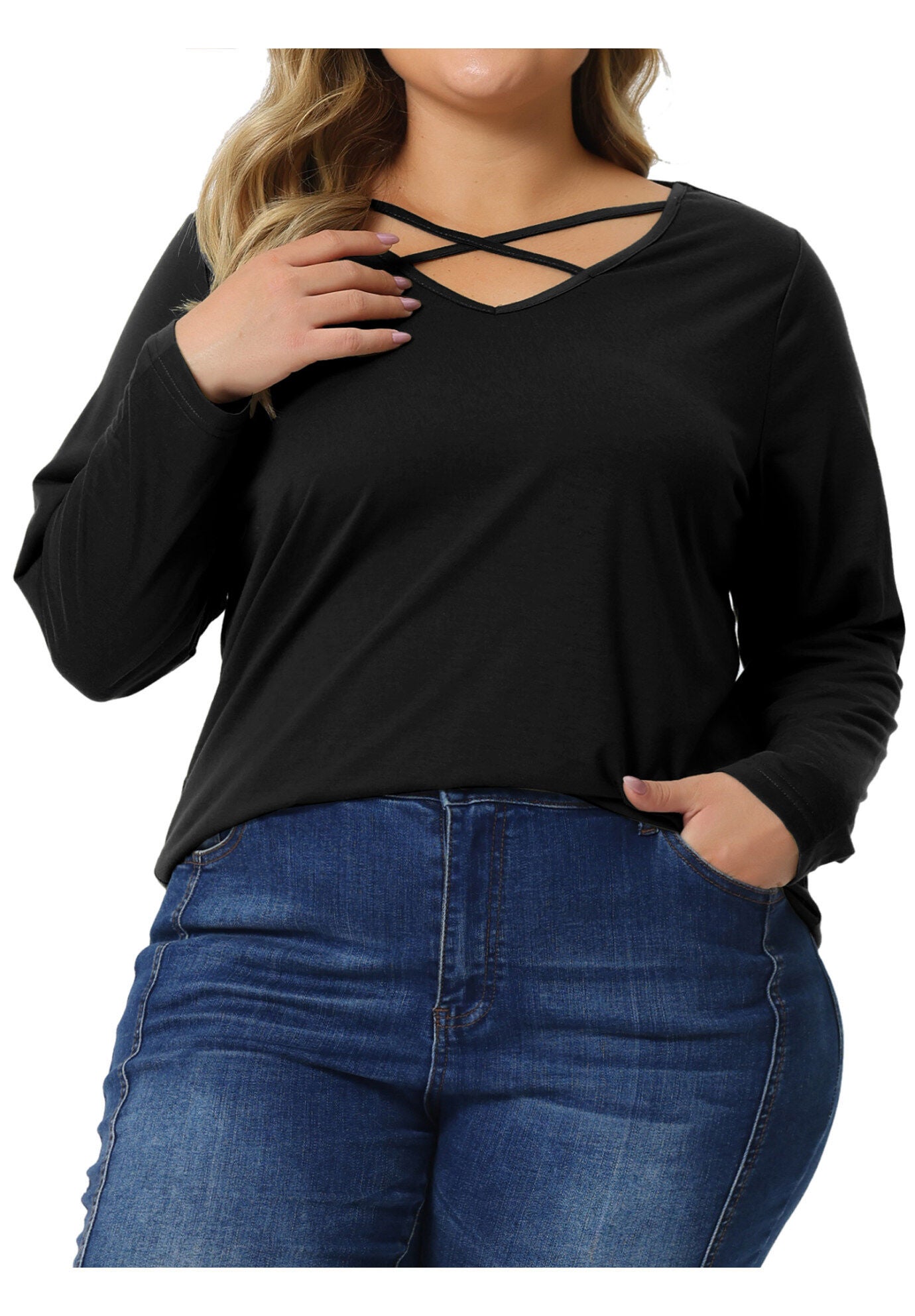 CROSS V NECK LONG SLEEVES T-SHIRT TOP, Black / Black, alternate image number 1