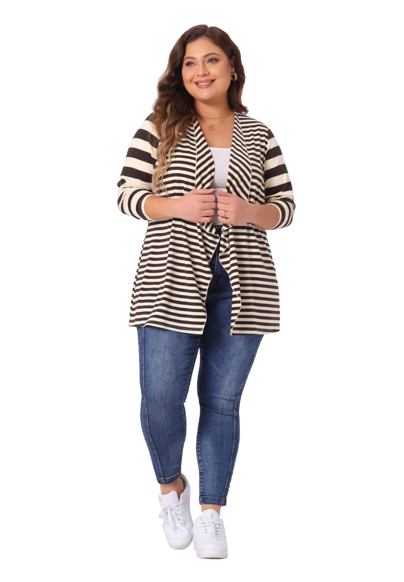 CASUAL STRIPED OPEN FRONT CARDIGAN, Brown / Brown, hi-res image number 0