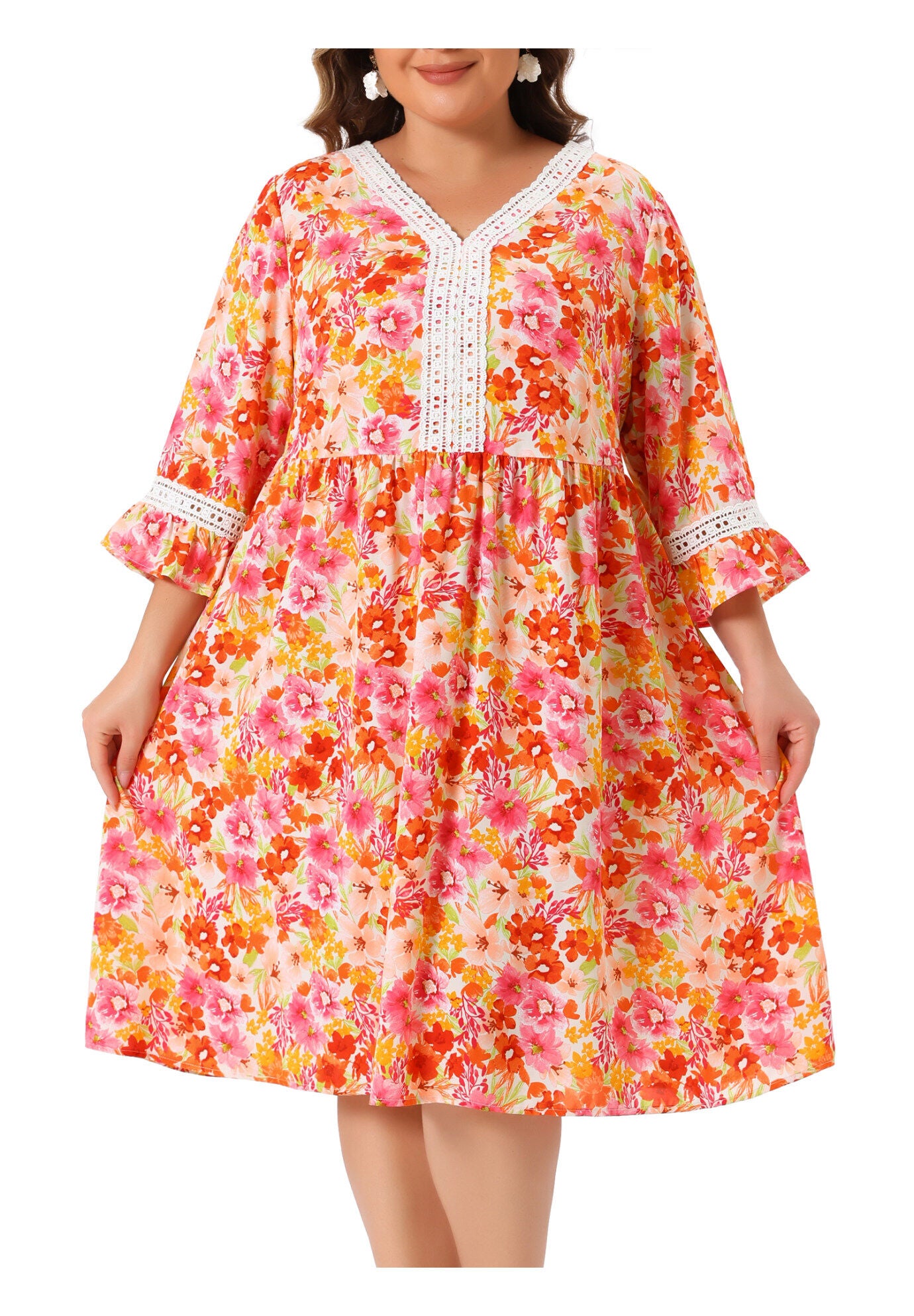 Vintage Lace Floral Ruffle V Neck 3/4 Sleeve Midi Babydoll Dress, Orange / Orange, alternate image number 1