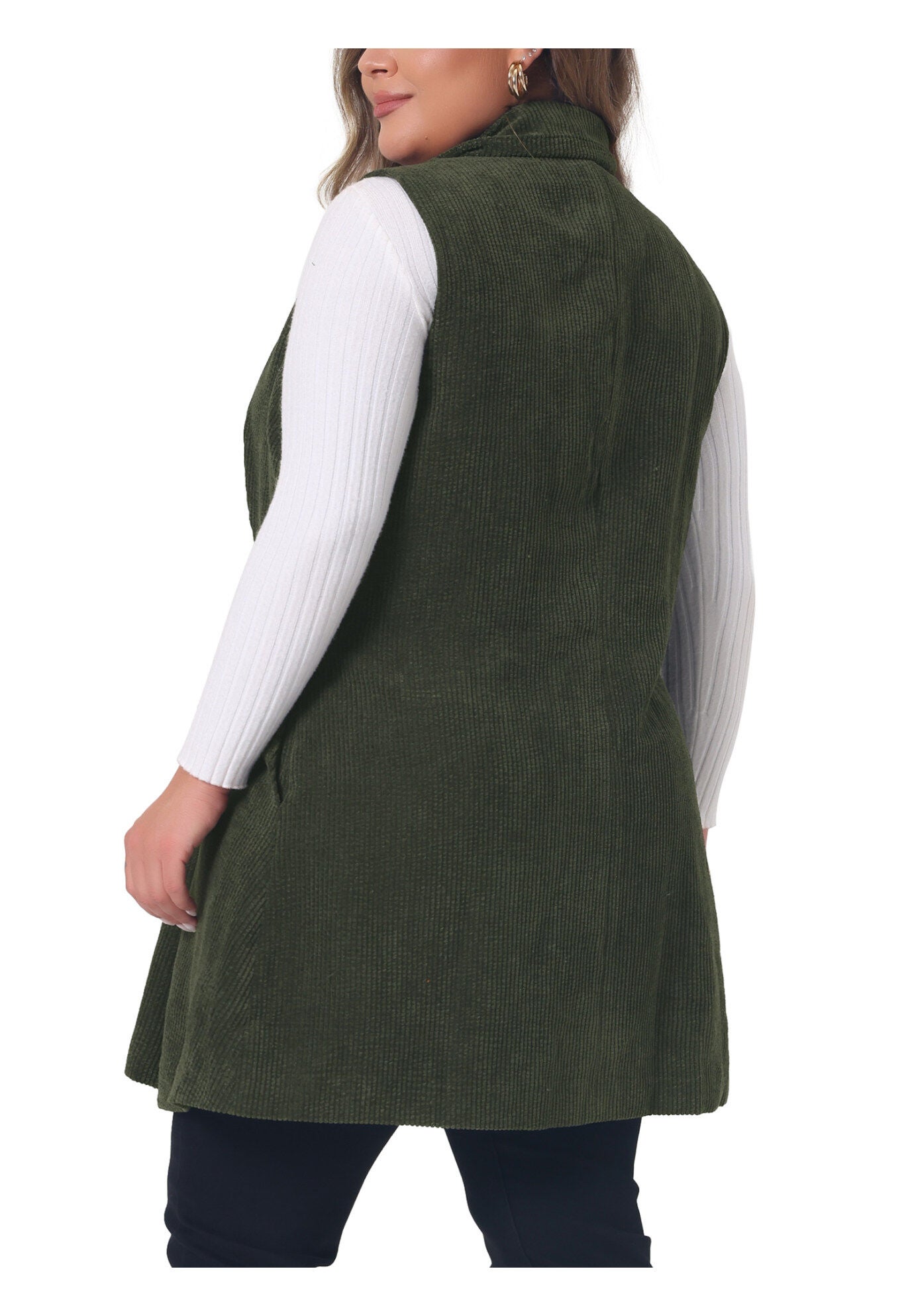 CORDUROY SINGLE BREASTED SLEEVELESS VEST JACKET, Army Green / Sage Green, alternate image number 2