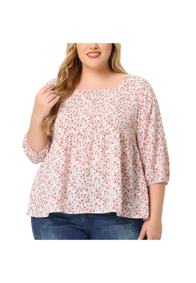 3/4 Sleeve Floral Peplum Babydoll Blouse, Pink / Pink, alternate image number 2