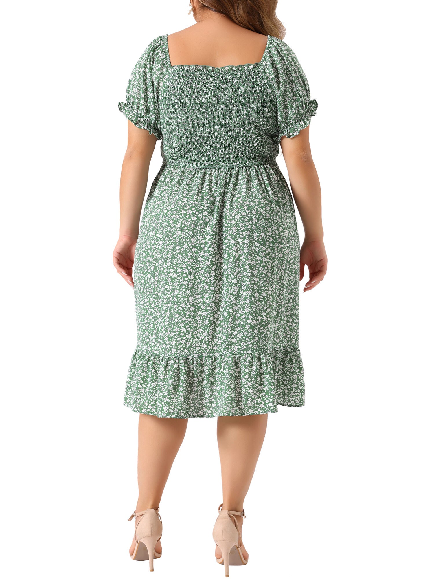 Ruffle Short Sleeve Flared Flowy Smock Floral Print Dress, Green / Sage Green, alternate image number 3