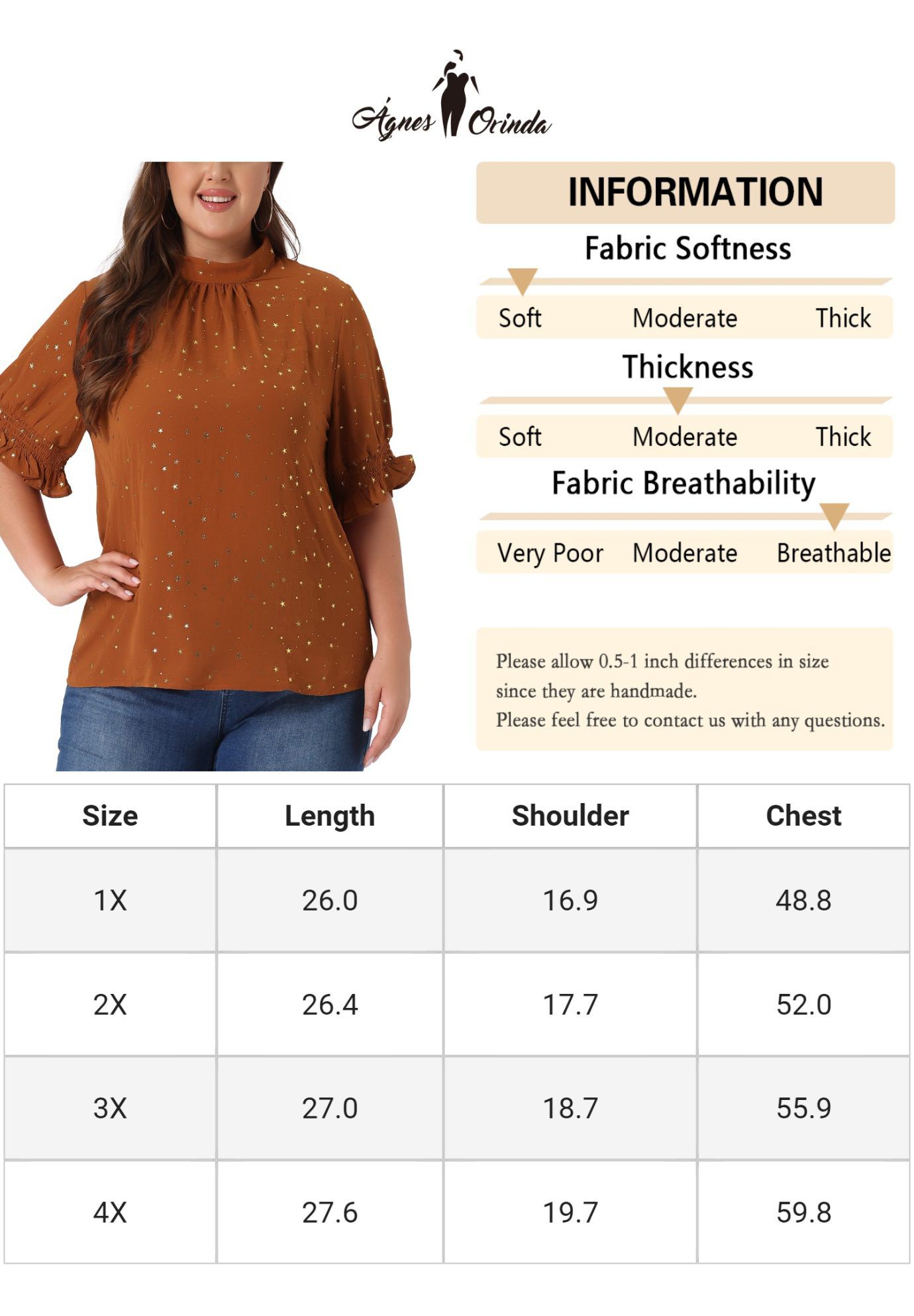 Pleated Mock Neck Star Print Puff Sleeve Blouse Top, Caramel / Brown, alternate image number 4