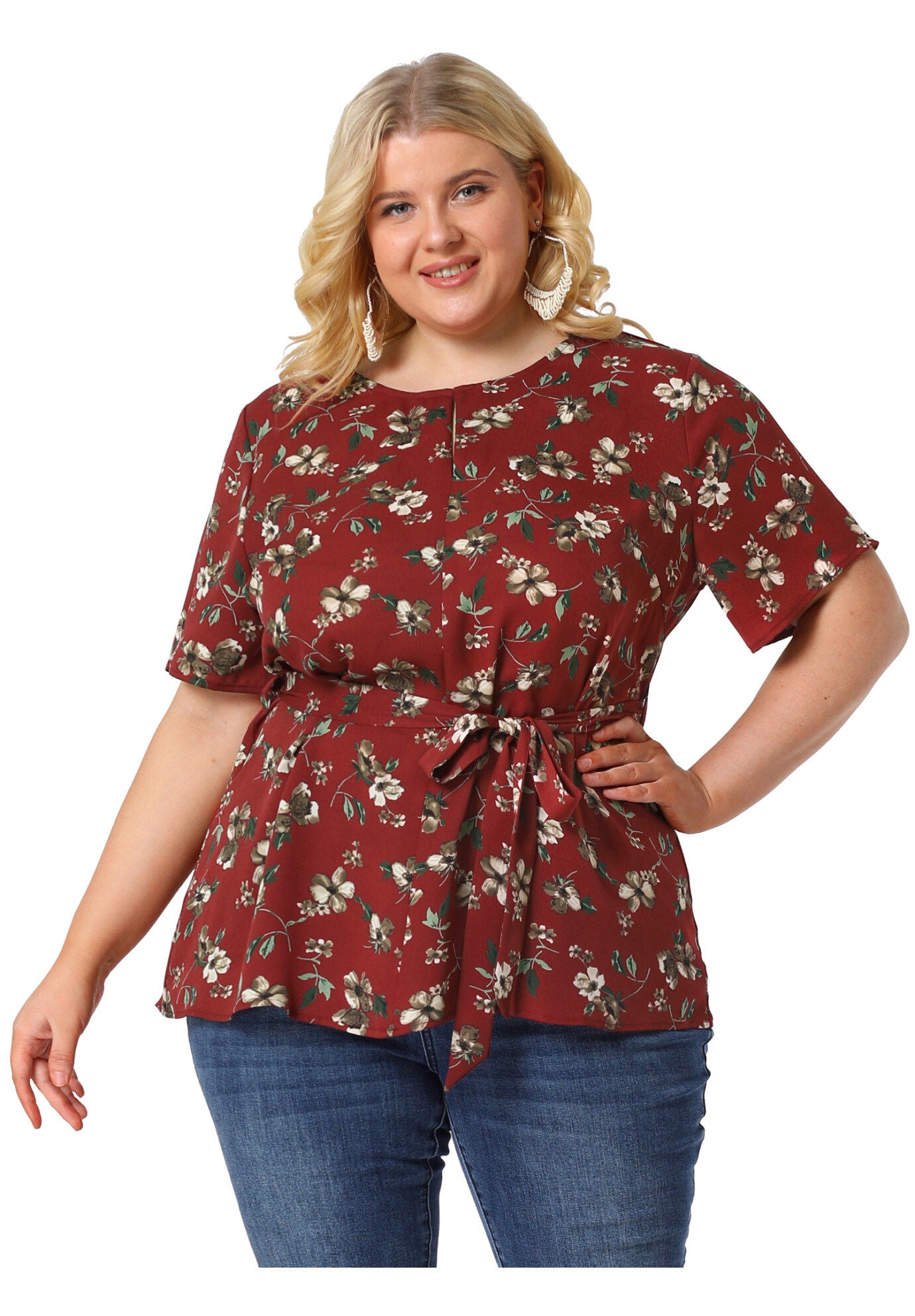 Tie Waist Floral Print Blouse Peplum Summer Top, Burgundy / Burgundy, hi-res image number 0