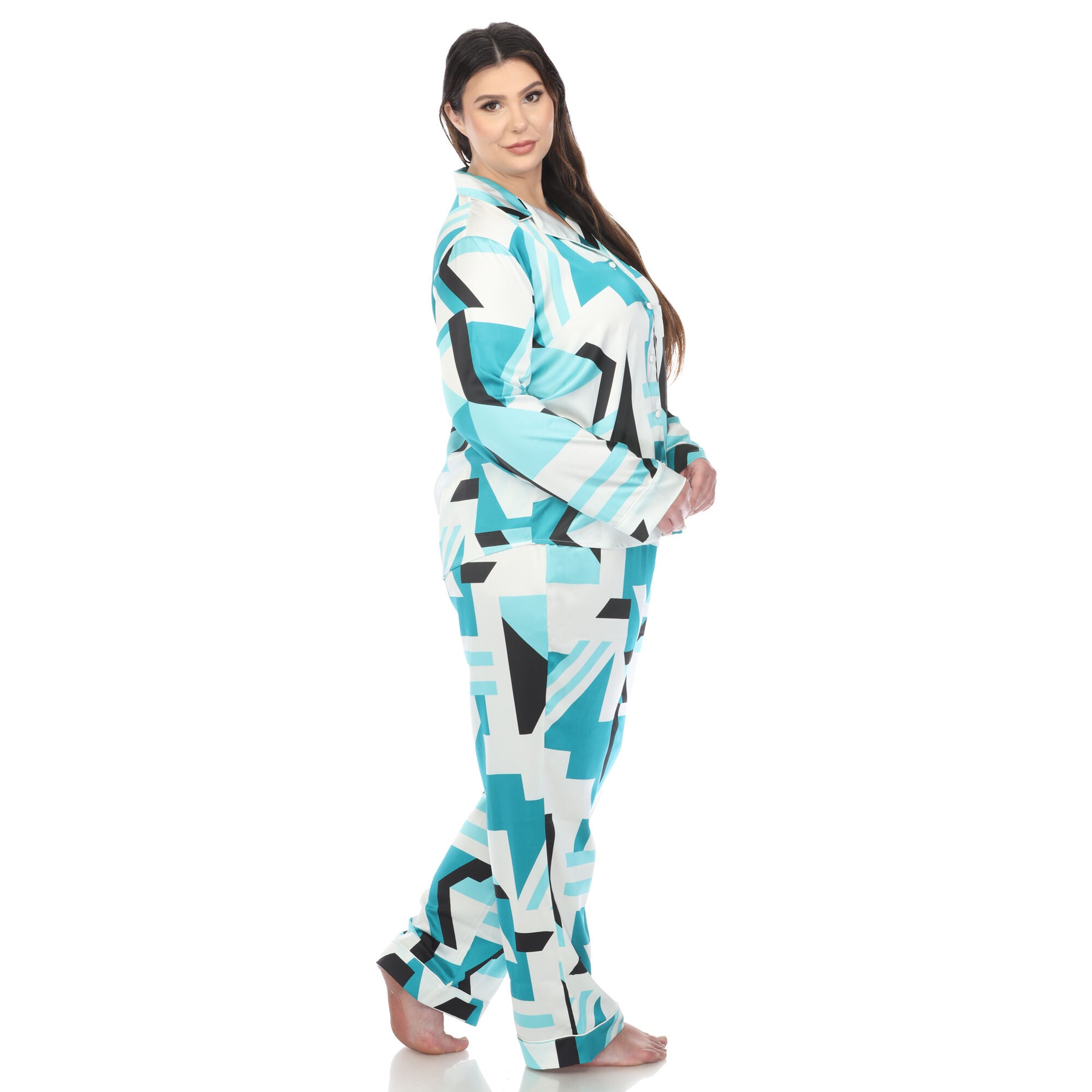 Printed Satin Pajama Set, Teal / Teal, alternate image number 1
