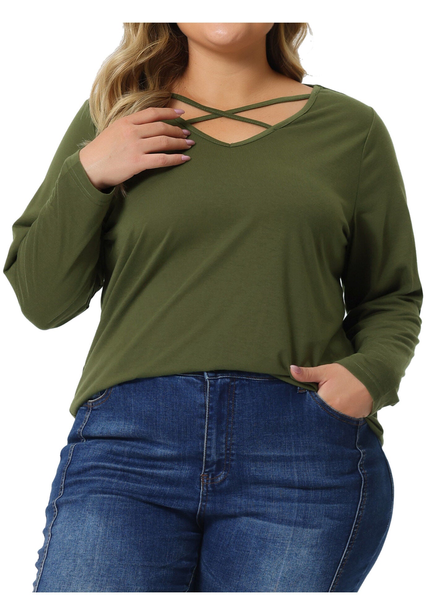 CROSS V NECK LONG SLEEVES T-SHIRT TOP, Army Green / Hunter Green, alternate image number 3