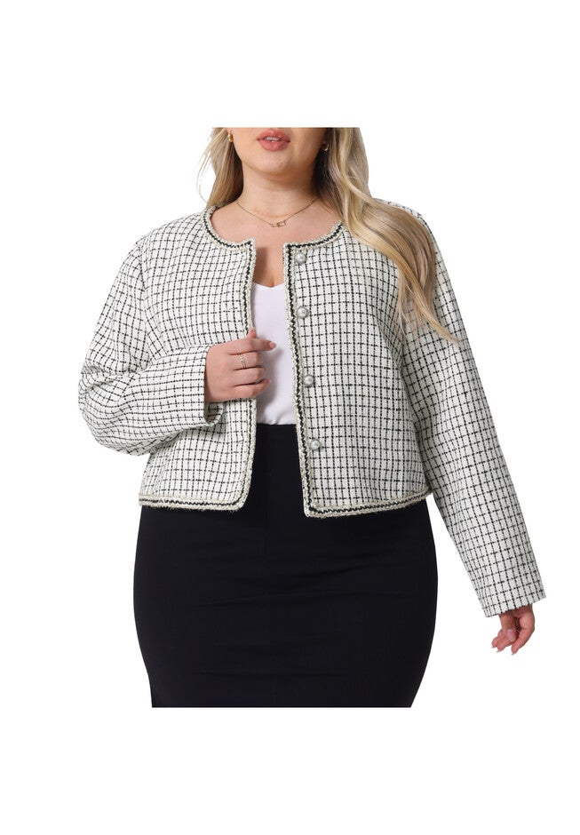 COLLARLESS OPEN FRONT PLAID TWEED BLAZER JACKET, White / White, alternate image number 2