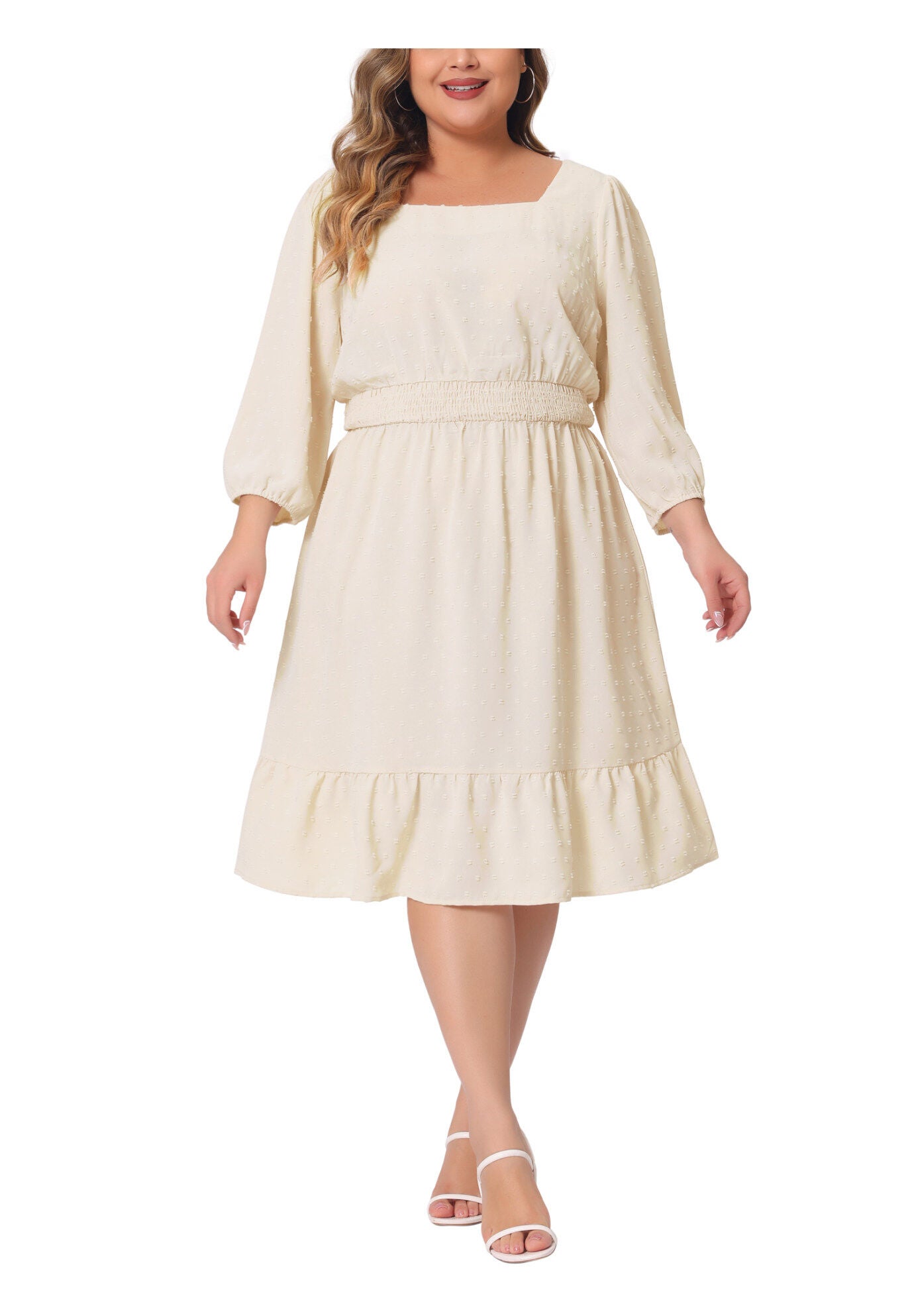 Swiss Dots Bohemian Square Neck Midi Chiffon Dress, Apricot / White, alternate image number 2