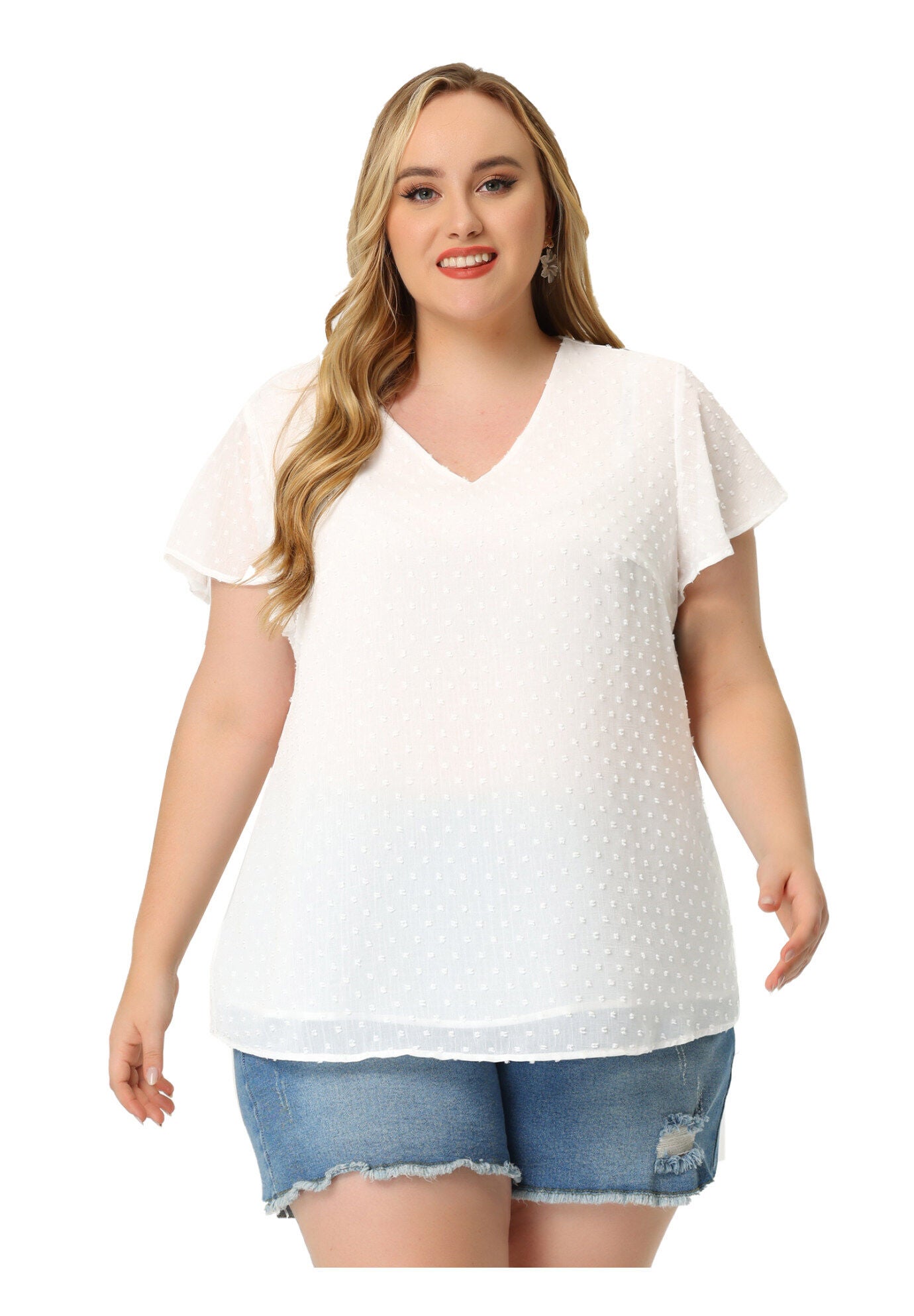 Swiss Dots Blouse V Neck Summer Short Sleeve Casual Top, White / White, hi-res image number 0