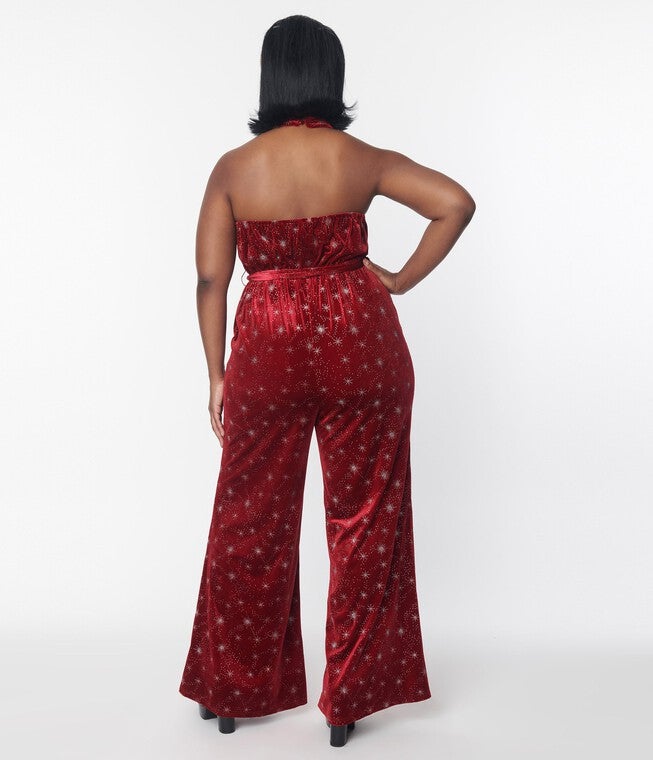 Smak Parlour Red & Silver Star Velvet Draped Darling Jumpsuit, Red Silver Stars / Red, alternate image number 1
