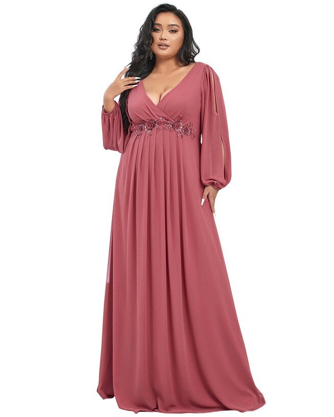 Chiffon V-Neckline Long Sleeve Formal Evening Dress, Navy Blue / Navy, alternate image number null