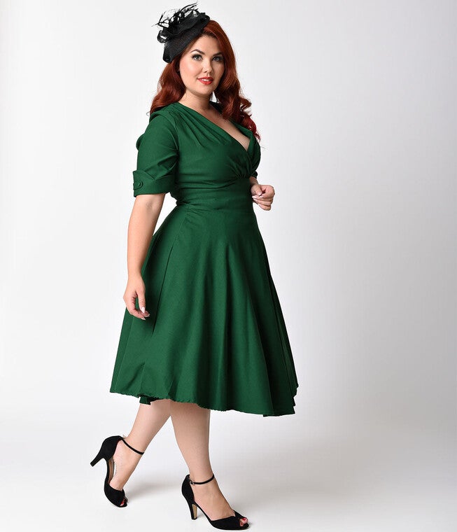 Unique Vintage Emerald Green Delores Swing Dress with Sleeves, Emerald Green / Forest Green, alternate image number 3