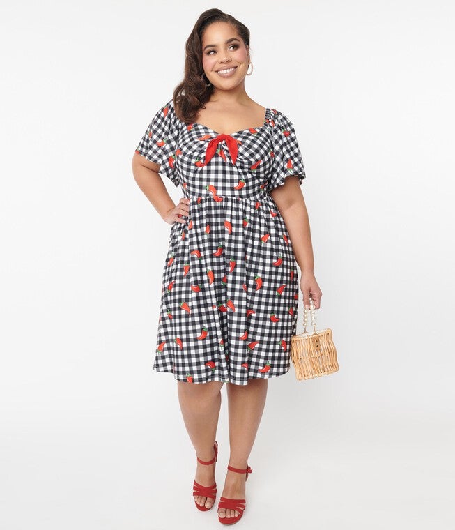 Unique Vintage 1950s Curve Black & White Chili Pepper Gingham Swing Dress, BlackWhite GinghamChili Pepper Print / Black, hi-res image number 0