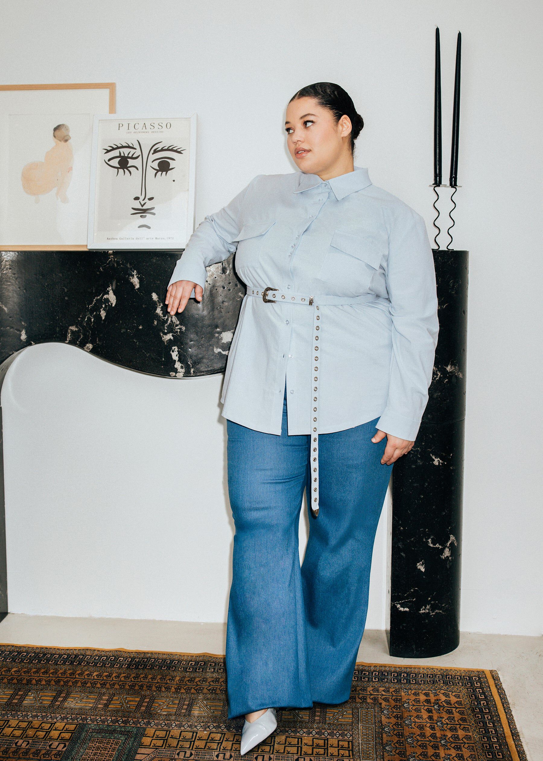 Belted Boyfriend Blouse, blue / Light Blue, hi-res image number 0