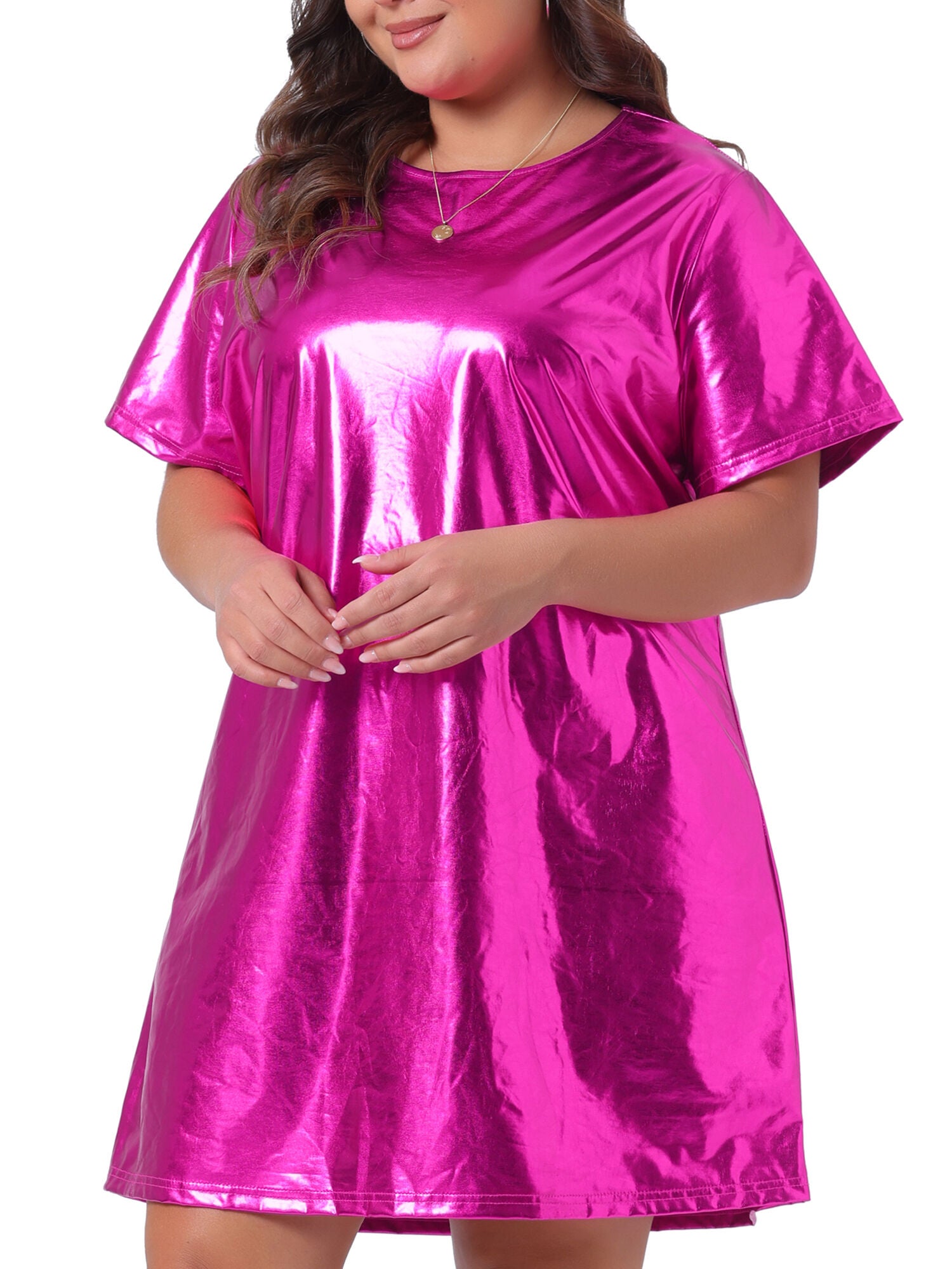 Metallic Round Neck Short Sleeve Loose Mini T-Shirt Dress, Hot Pink / Deep Fuchsia, alternate image number 3