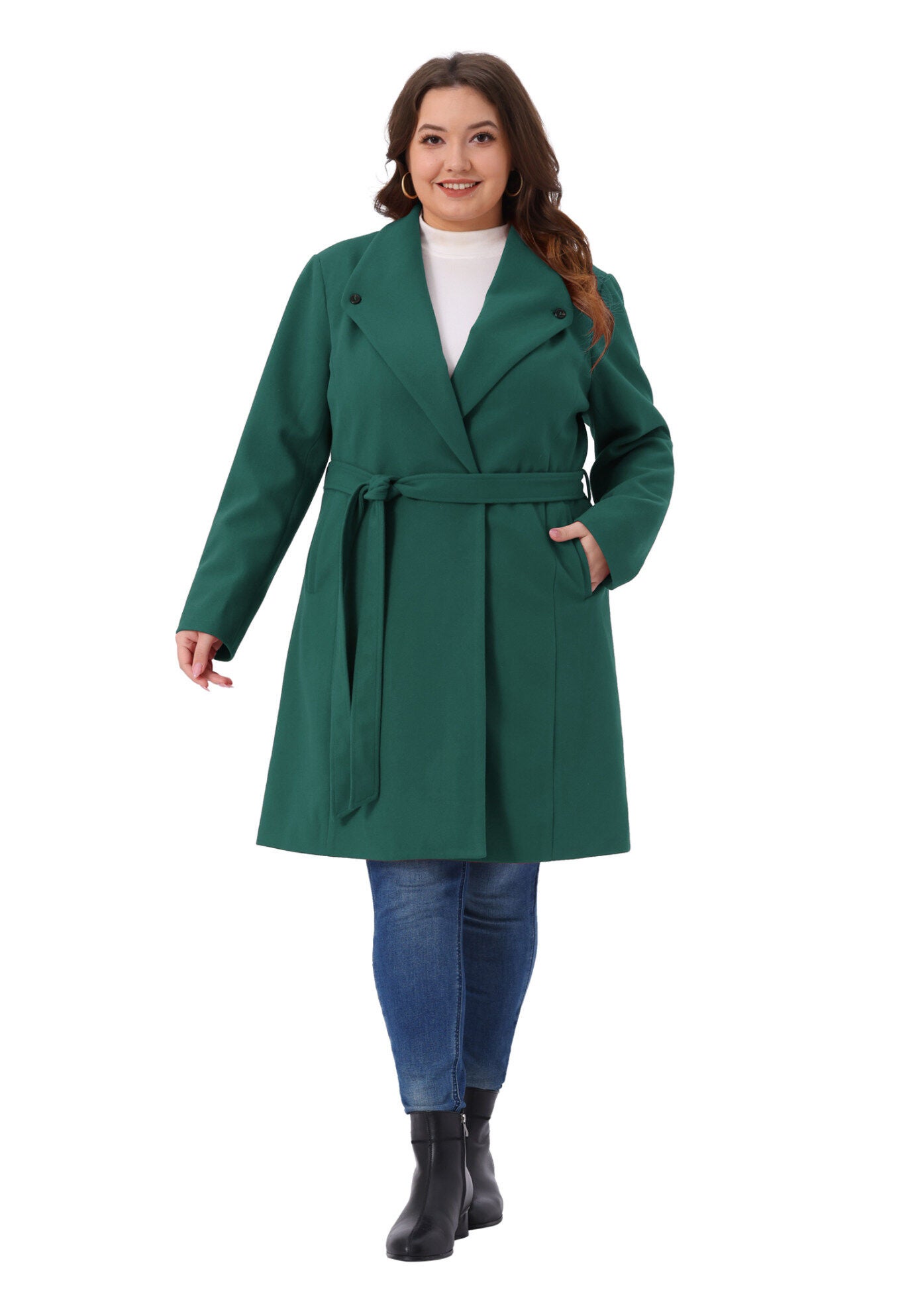 Lapel Single Breasted Belted with Pocket Trench Coats, Dark Green / Hunter Green, hi-res image number 0