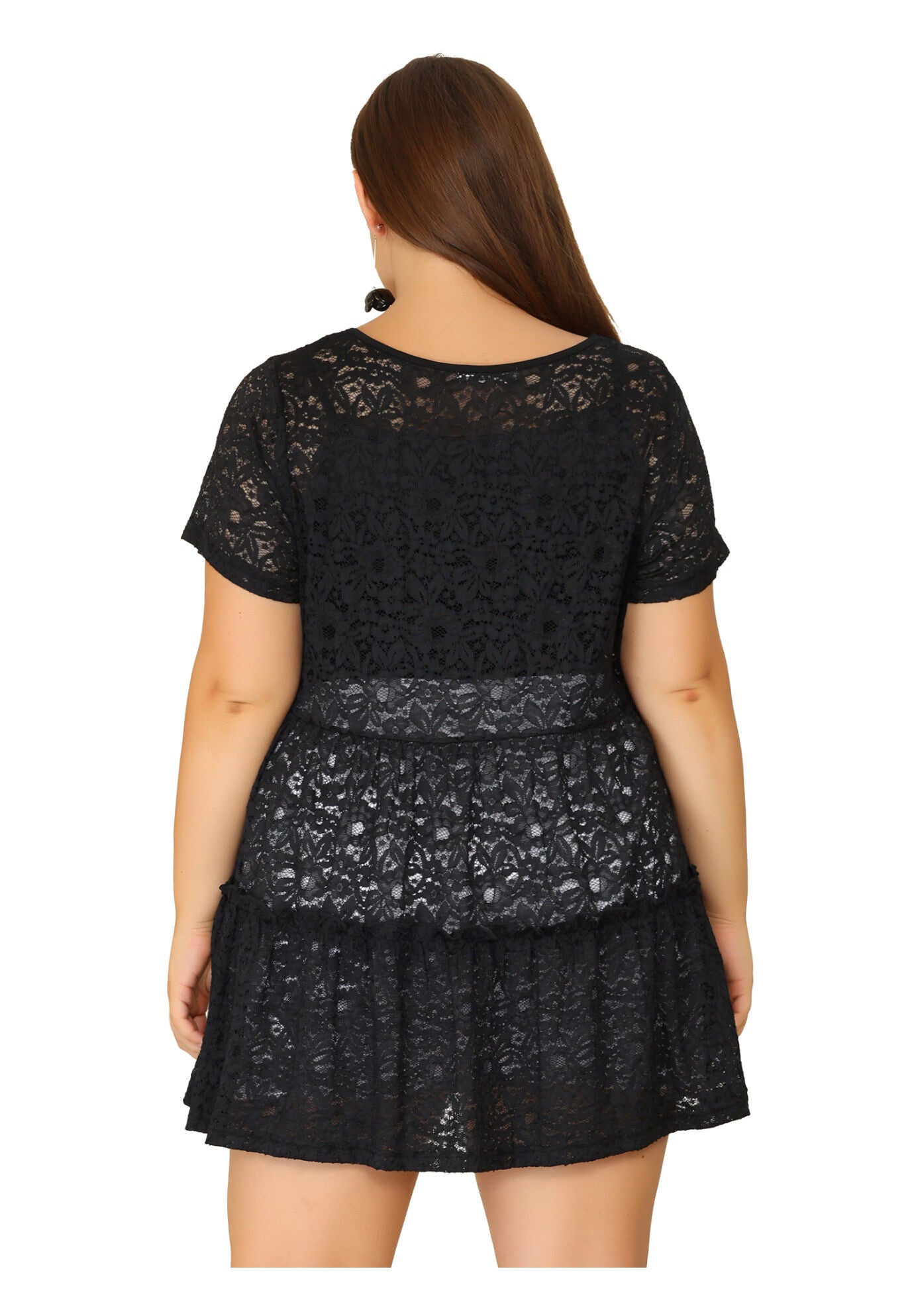 Babydoll Blouse Lace Allover Short Sleeve Tiered Peplum Top, Black / Black, alternate image number 3