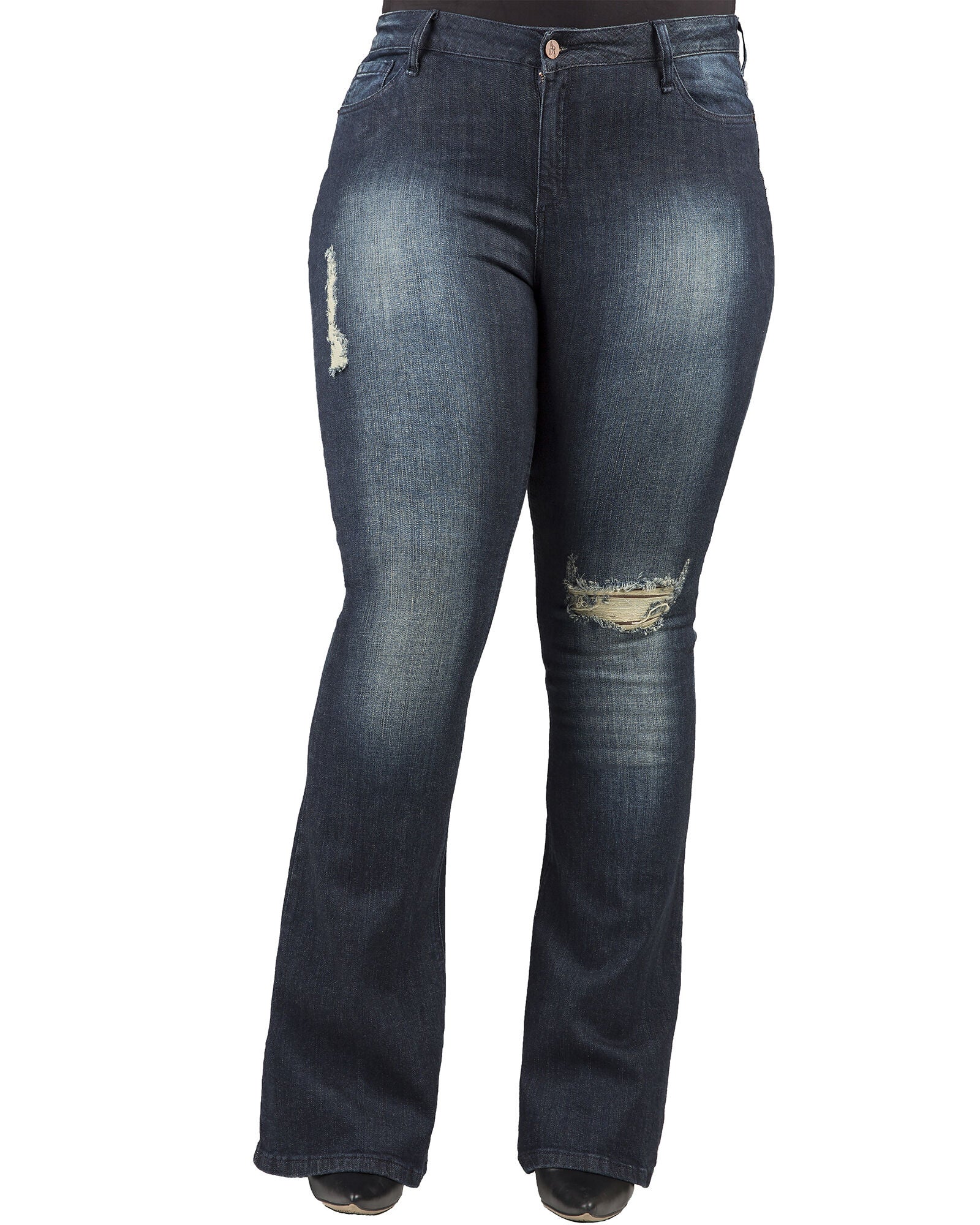 Plus Size Kylie Jeans In Unforgiven Wash W Distressing & 24 inches Flare, Blue / Dark Wash, hi-res image number 0