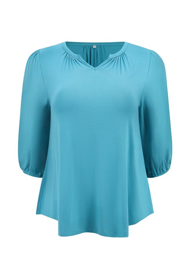 Smocked 3/4 Sleeve Notch V Neck Shirt Blouse, Lake Blue / Azure Blue, alternate image number 3