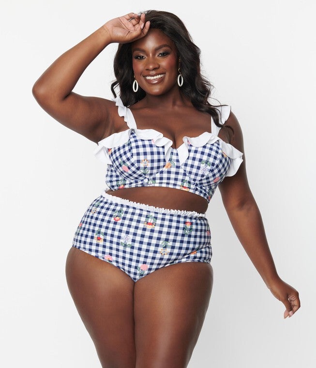 Unique Vintage Navy Gingham & Floral Southampton Swim Top, Blue Gingham Floral Plaid / Navy, alternate image number 2