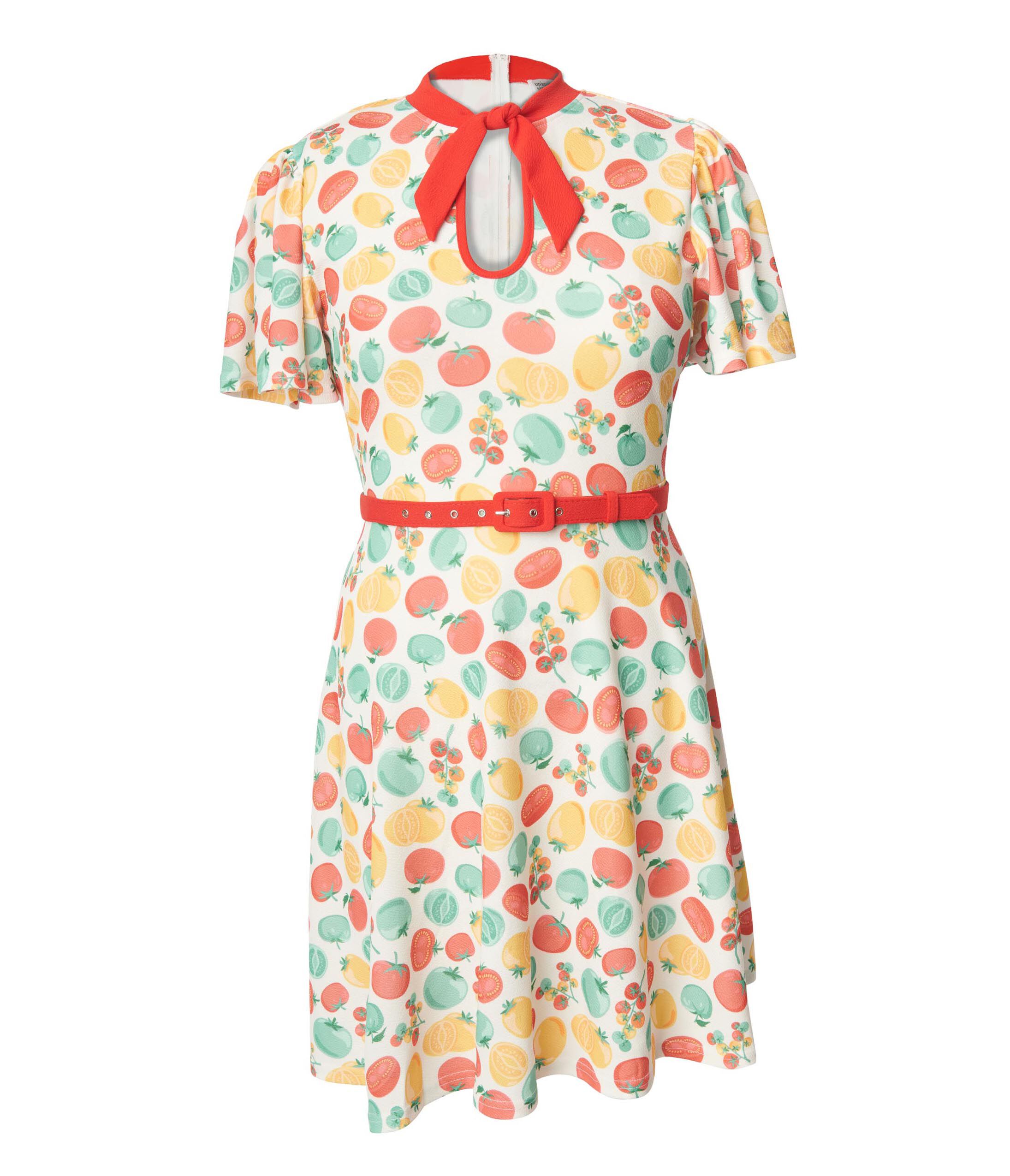 Unique Vintage Ivory & Red Tomato Print Flare Dress, White  Tomato Print / White, hi-res image number 0