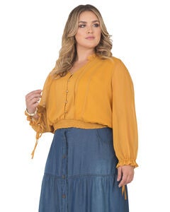 Plus Size Jessica Chiffon Tie-Neck Long Sleeve Prairie Top
