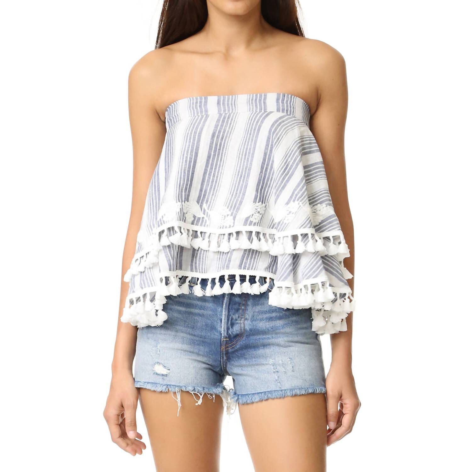WOMEN'S AMARIS TASSEL TRIM EMBROIDERED FLORAL STRAPLESS TOP IN WHITE/BLUE, WhiteBlue / White, hi-res image number 0