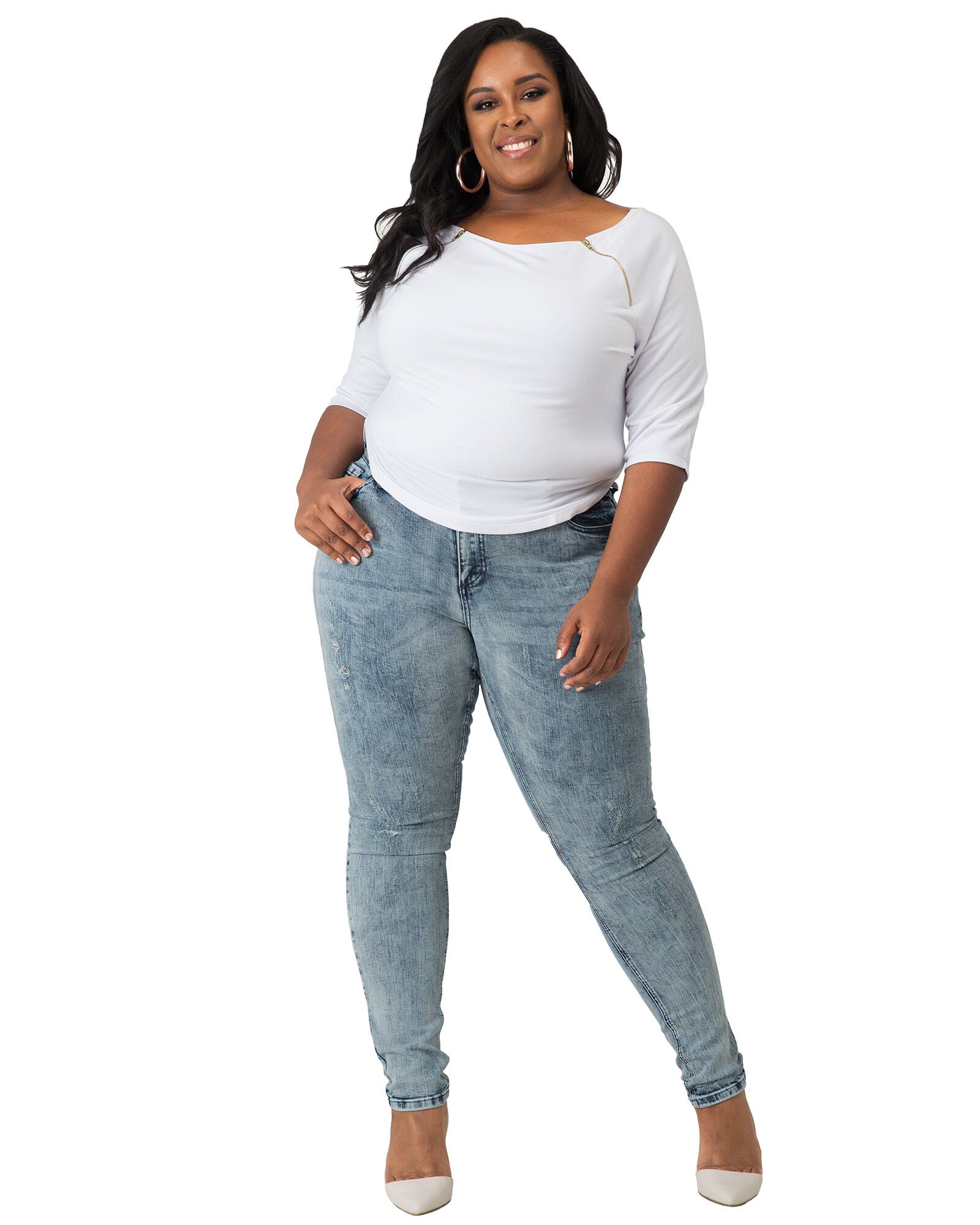Plus Size Morgan Boatneck Shirt With Quarter-Sleeves And Zip Shoulders, White / White, alternate image number 3