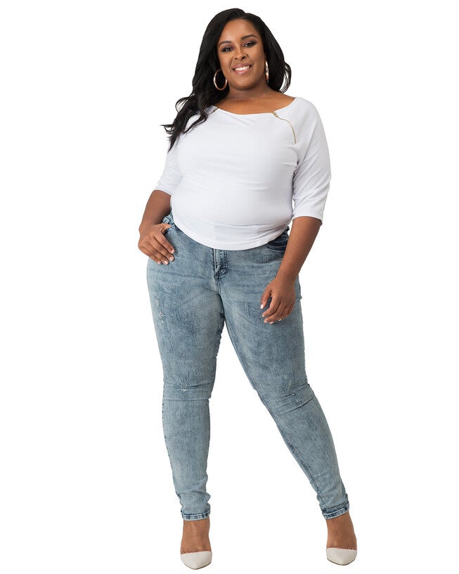 Plus Size Morgan Boatneck Shirt With Quarter-Sleeves And Zip Shoulders, White / White, alternate image number 3