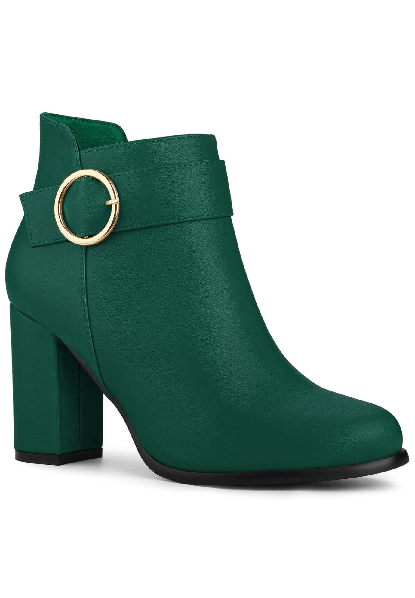 Round Toe Circle Buckle Chunky Heels Ankle Boots, Green / Forest Green, hi-res image number 0